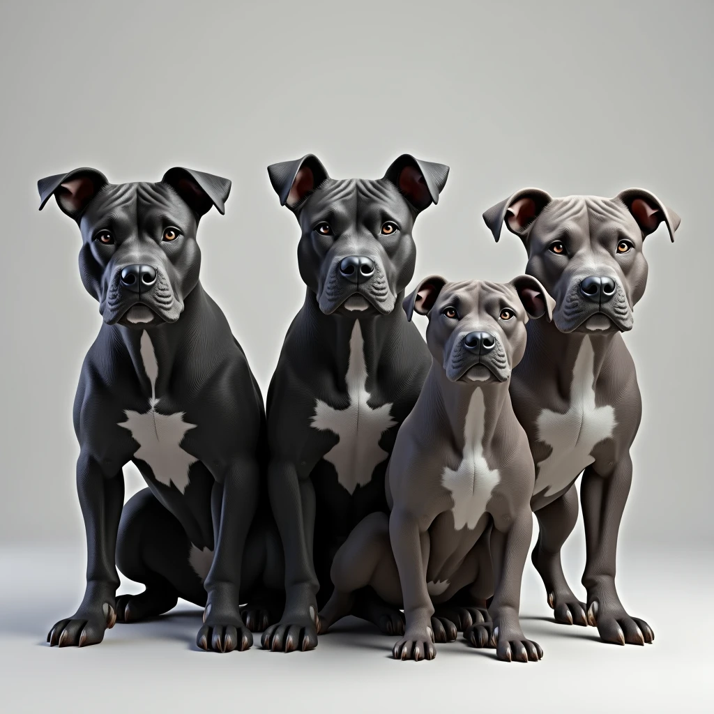 quadruplet pitbull dogs,two black pitbulls,two grey pitbulls,highly detailed,realistic,photorealistic,8k,masterpiece,ultra-detailed,sharp focus,vivid colors,studio lighting,physically-based rendering,professional photography