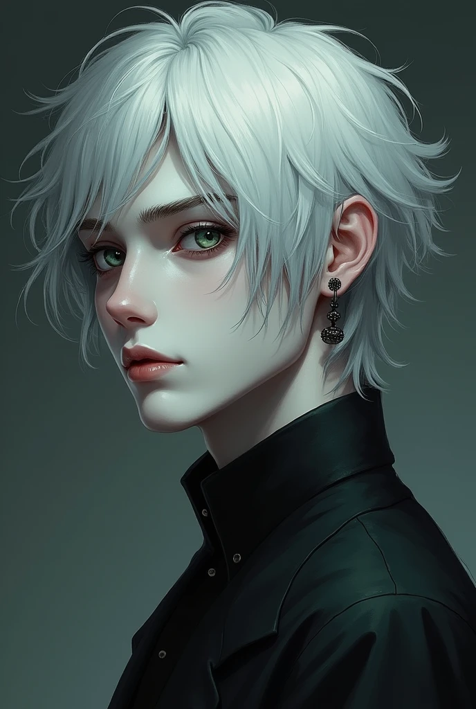 1boy, white boy, pale skin, ((gray skin)),twenty eight years old, white skin, male focus, no wrinkles, (((silver hair long)), 【Feature】Black Sclera, green eyes, earring, wearing living darkness,