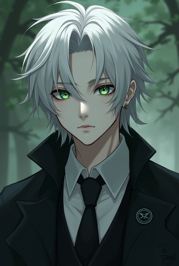 1boy, white boy, pale skin, ((gray skin)),twenty eight years old, white skin, male focus, no wrinkles, (((silver hair long)), 【Feature】Black Sclera, green eyes, earring, wearing living darkness, 