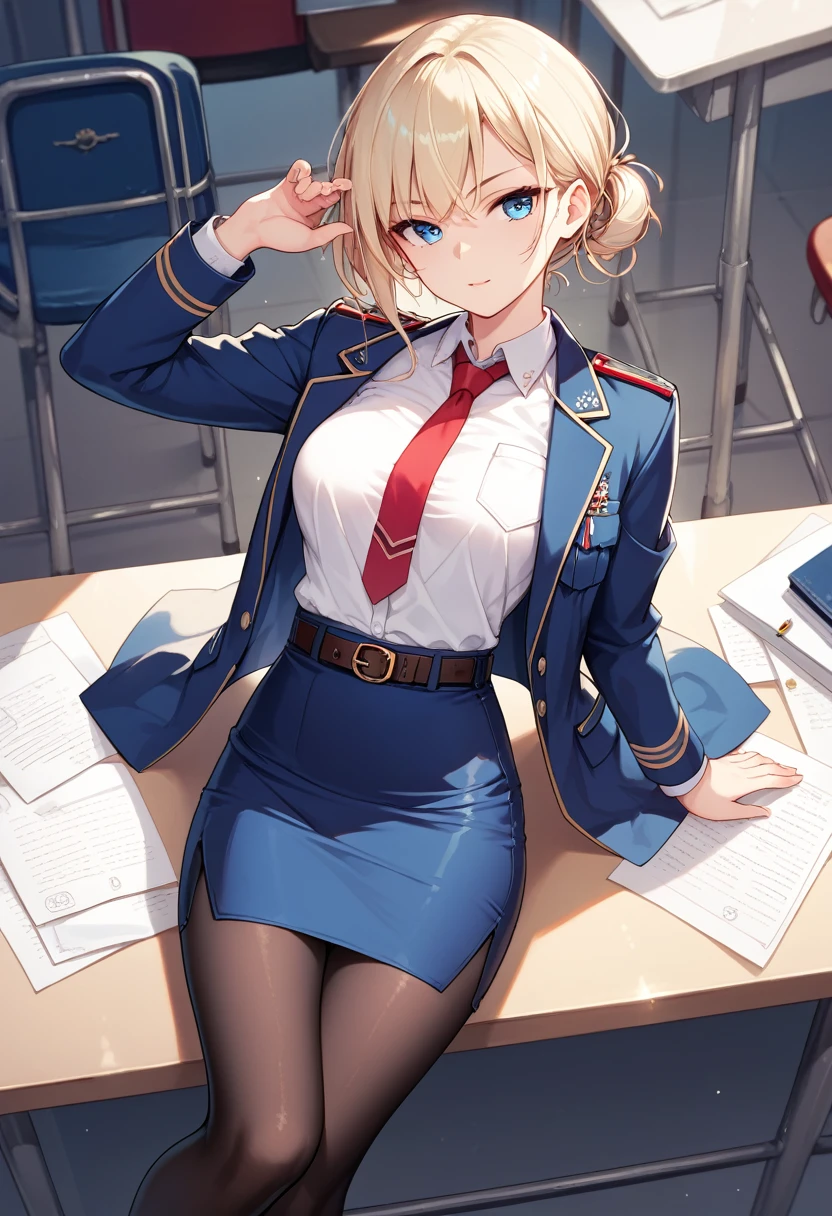 Jacket, White shirt, pantyhose, tie, Collared shirt, belt, uniform, Blue Skirt, black pantyhose, army, formal, blue Jacket, red tie, Pencil Skirt,
