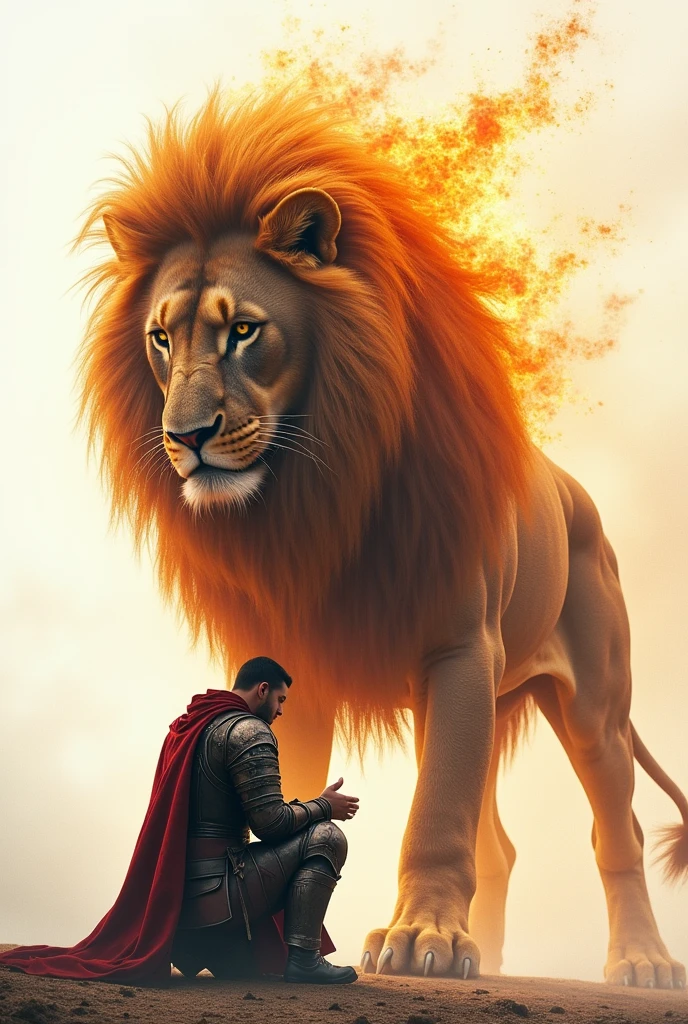 Praying soldier and very large lion with fiery mane and white background
