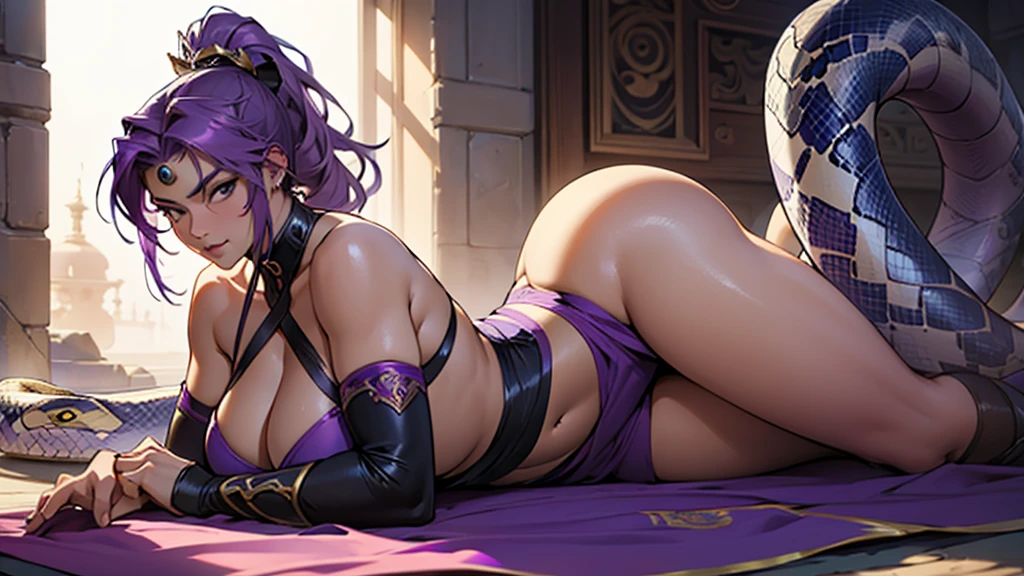 ((best quality)), ((artwork)), ((detailed)), woman with purple hair in a ponytail, curvaceous and sensual body, dressed as a warrior queen, lying on a giant snake