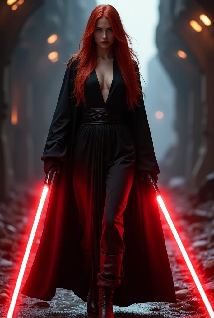 (full body shot:1) photorealistic image of a (standing pose:1) ultrarealistic, photography, long red hair, woman, 24 years old, hourglass figure, perfect body, seductive look, natural medium breasts, blur background, in complete darkness, she is wearing a sith robe, she is holding one red lightsaber, on a dark destroyed spacestation, she is walking towards the camera with a menacing look