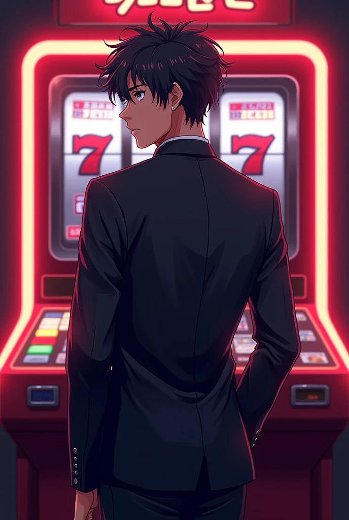 (anime style) a young handsome man standing infront of a slot machine