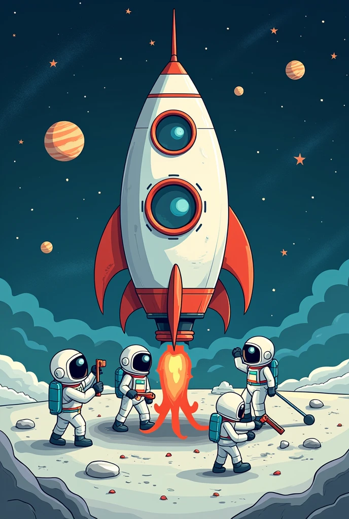 Create cartoon drawing of astronauts using tools to fix a rocket on the moon.  are cheerful, positioned at different levels under the bodywork of the spacecraft, which emits smoke at some points. In the background the sky with stars and planets. 
