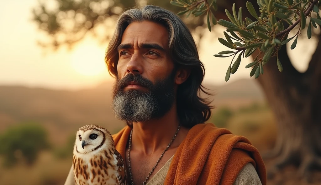 A portrait of Solomon with a serene expression, surrounded by symbols of wisdom, like the owl and the olive tree. The background is a peaceful natural landscape, with soft colors and a golden light at dusk.