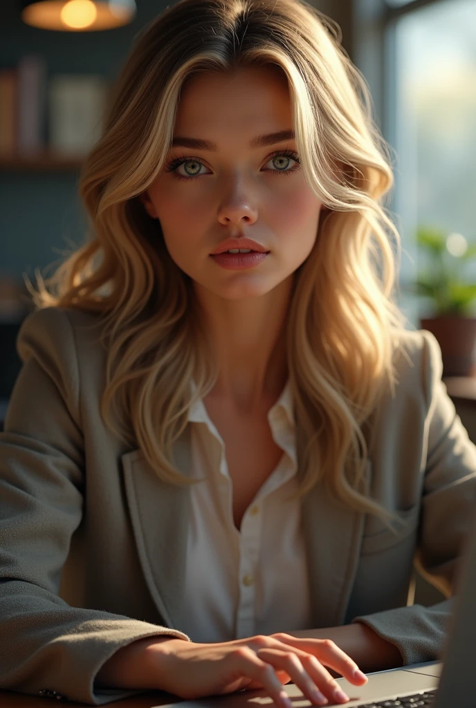 une belle fille aux longs cheveux blonds, detailed eyes, nose, and lips, porter une tenue professionnelle, assise dans son bureau, en utilisant son ordinateur, ordinateur HP (best quality,4K,8k,high resolution,head of'artwork:1.2),ultra-detailed,(realistic,photorealistic,photo-realistic:1.37),HDR,studio lighting,Highly detailed face and body, portrait,Cinematic lighting,Dramatic lighting,warm color tones,couleurs dramatiques