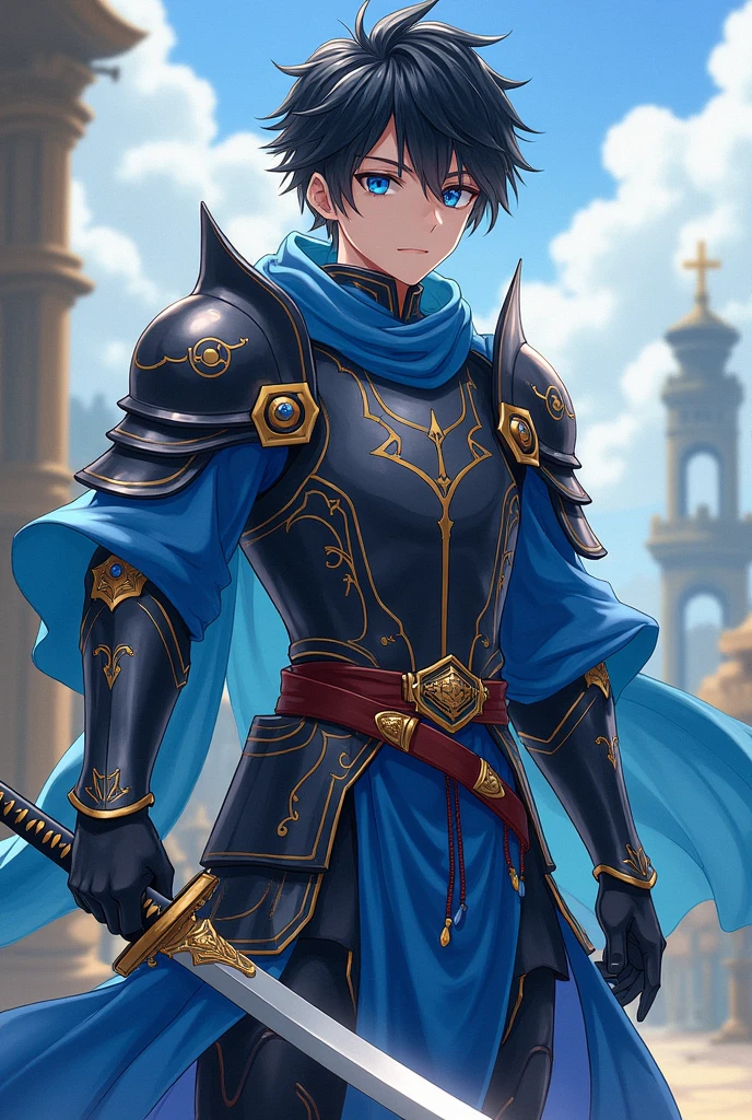 Generates a young boy of 18 years old with a katana, black hair, full body, blue eyes, anime knight trade but the armor does not completely cover his body and the other part of the body is combined with blue anime clothes with gold