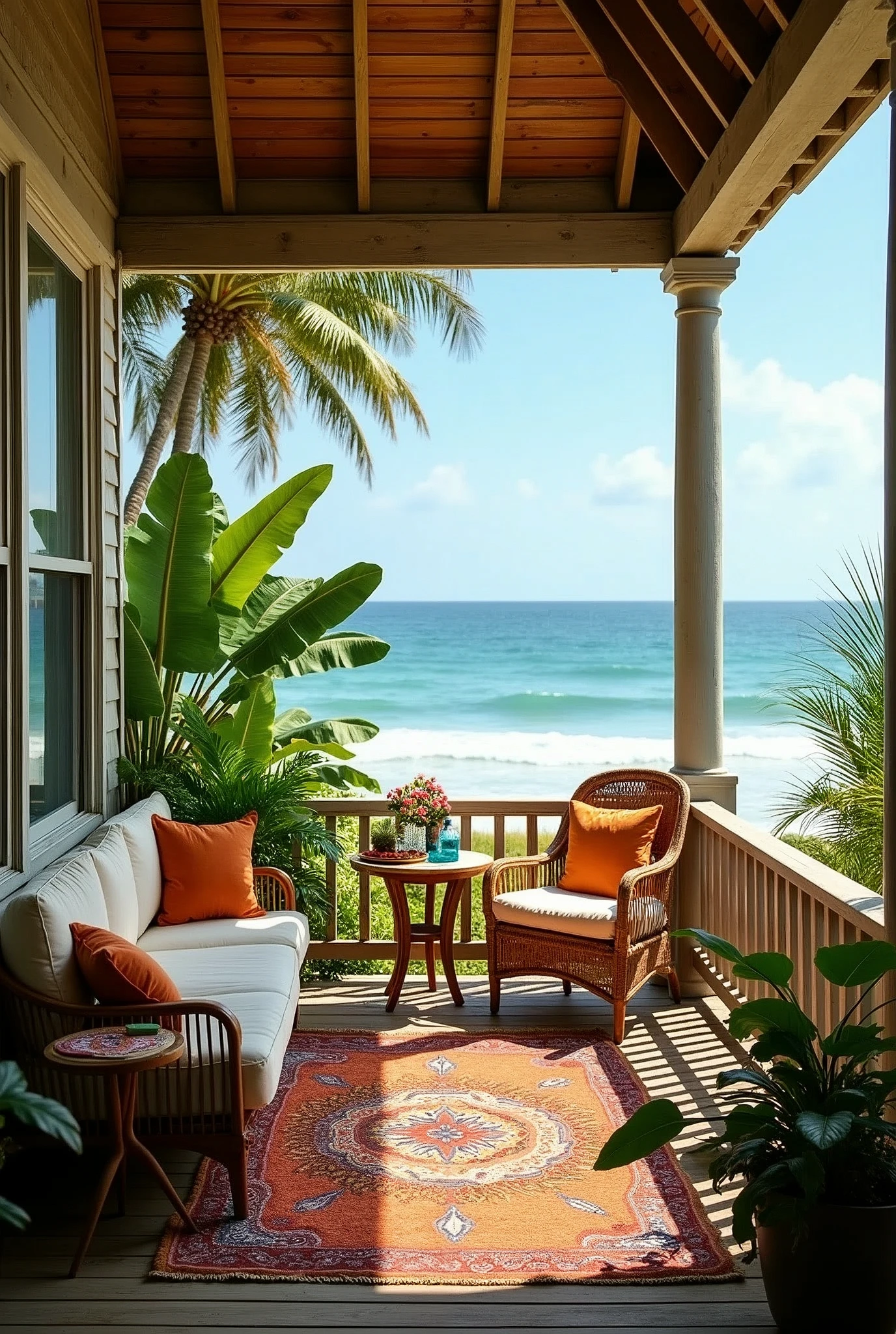 A double-height ceiling living room with a large, floor-to-ceiling window on one side A cozy porch features a comfortable couch and a charming table, perfectly positioned to overlook the vast ocean. This beautiful place exudes a peaceful and relaxing atmosphere, where the tropical setting brings a sense of calm and serenity. The tropical vibe is enhanced by the lush greenery and vibrant flowers surrounding the porch, creating a paradise-like background that adds to the overall ambiance. The scene captures the essence of a tropical atmosphere, with the sound of waves gently crashing nearby, and the soft sea breeze adding to the cozy setting. Overlooking the beach, this porch is a perfect spot to unwind and enjoy the beauty of the sea. The tropical style, with its cottagecore hippie influences, brings a touch of bohemian charm to the space, making it a true haven next to the sea.