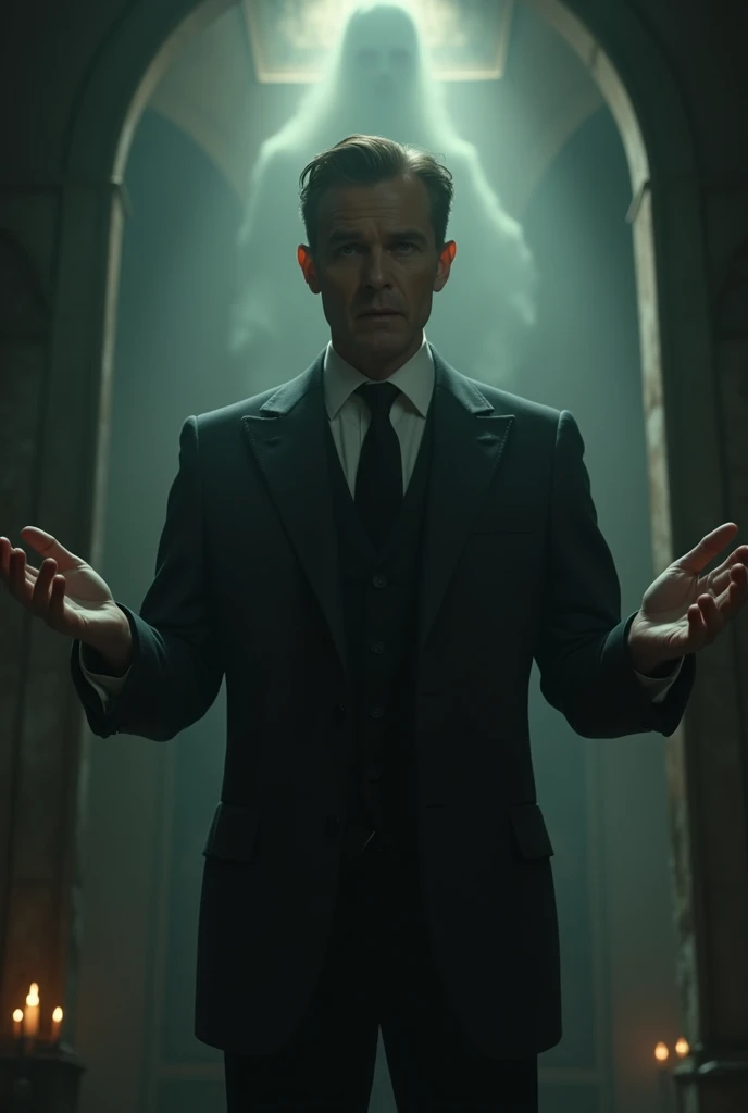 Man in suit warning about a ghost