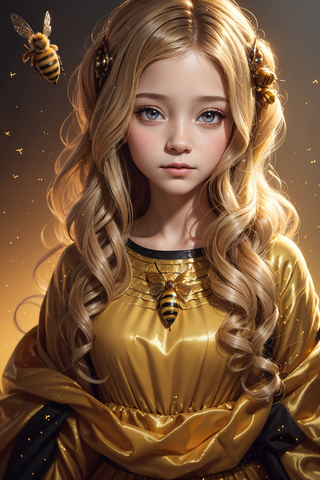 portrait Jackie Evancho, wearing bee costume, against the background of a beehive, character portrait, 9 9 9 0 s, curly hair, intricate, elegant, highly detailed, digital painting, artstation, concept art, smooth, sharp focus, illustration, art by wlop, charlie bowater and alexandra fomina, 36k, glittering, shining