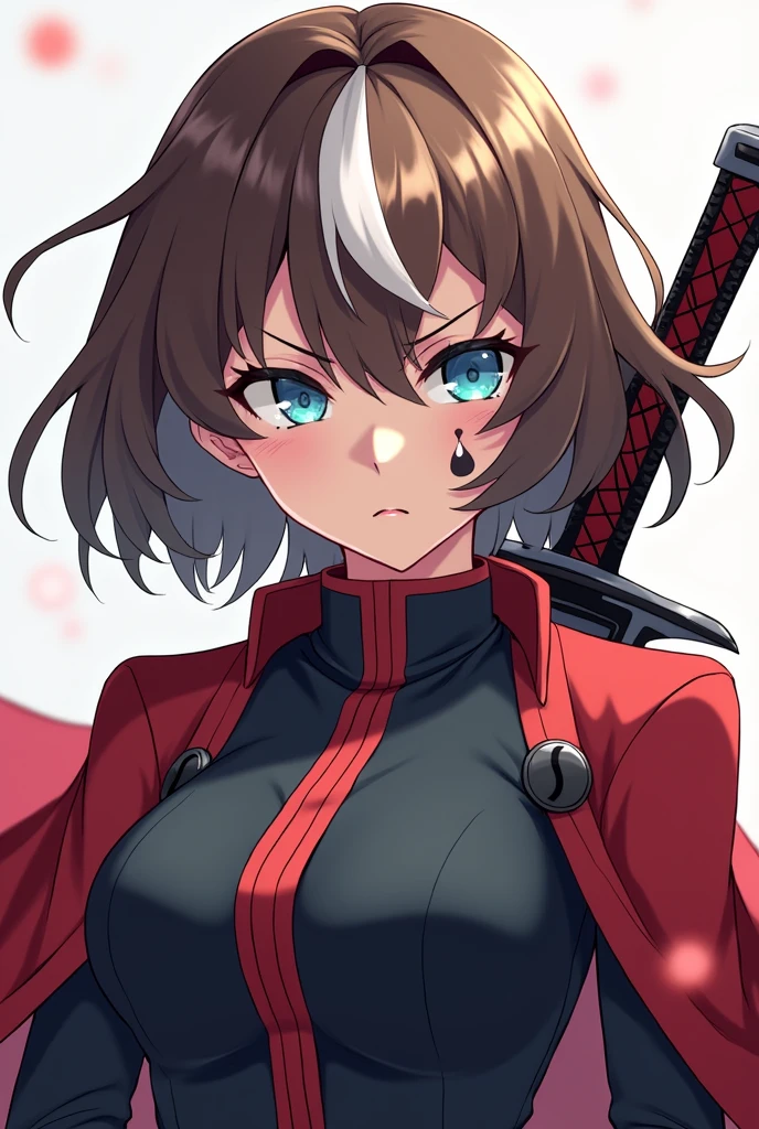 Demon Slayer Screenshot.
Chicha with short brown hair and a white lock, light blue eyes and a spot on her face and she is serious. He has clothes of a demon hunter and a black and red katana.
