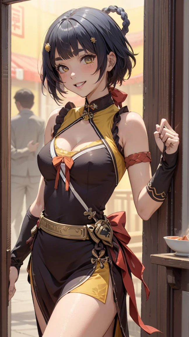 masterpiece, top quality, high detailed, detailed face, bright Eyes, outdoor, blurred background, dynamic poses, dynamic angle, (from the front),standing, (small breasts),(cleavage),(see through dress),(Looking forward:1.5), xianglingdef,joyful, laughing, hot and spicy, happy, in a old traditional Chinese restaurant