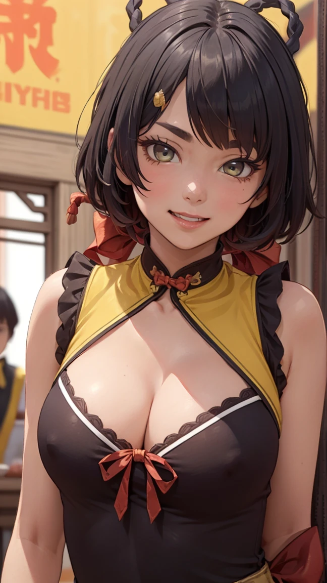 masterpiece, top quality, high detailed, detailed face, bright Eyes, outdoor, blurred background, dynamic poses, dynamic angle, (from the front),standing, (small breasts),(cleavage),(see through dress),(Looking forward:1.5), xianglingdef,joyful, laughing, hot and spicy, happy, in a old traditional Chinese restaurant