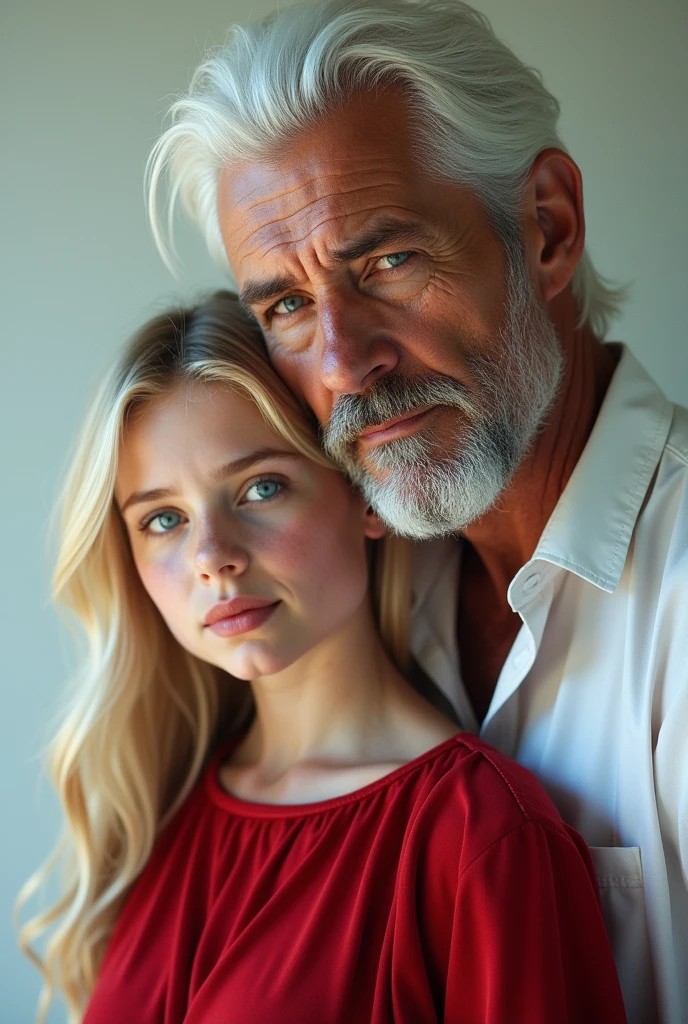Father and daughter photos, the blue eyed man father, stark, white with black hair and stubble, dressed in a white dress shirt and with his 19-year-old daughter, blue eyed blonde in dark red dress.