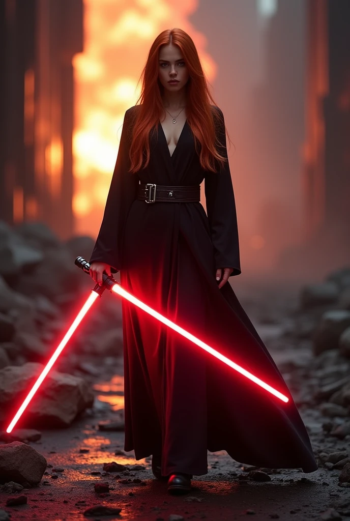 (full body shot:1) photorealistic image of a (standing pose:1) ultrarealistic, photography, long red hair, woman, 24 years old, hourglass figure, perfect body, seductive look, natural medium breasts, blur background, in complete darkness, she is wearing a sith robe, she is holding one red lightsaber, on a dark destroyed spacestation, she is walking towards the camera with a menacing look, explosion in the background