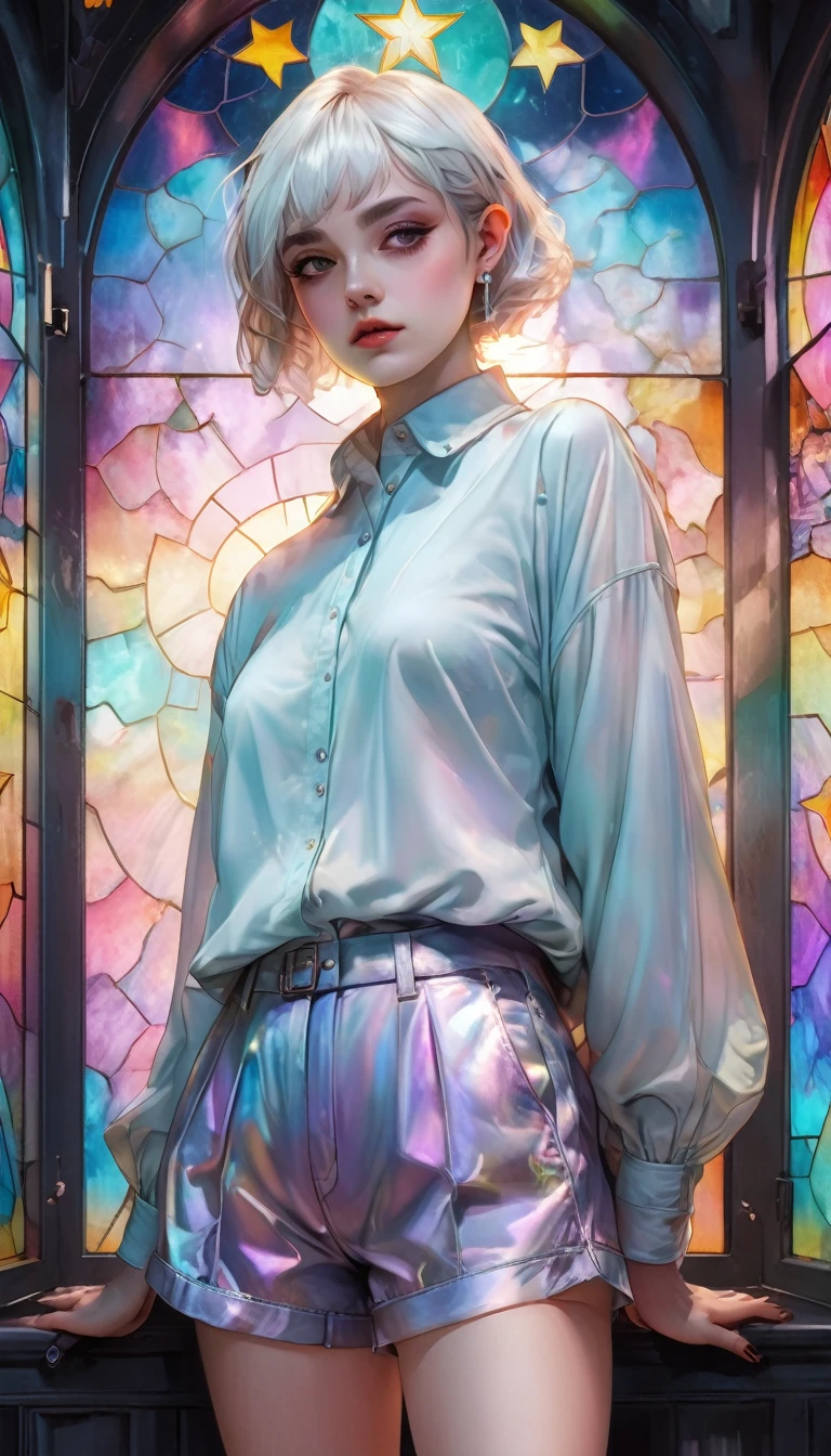beautiful woman, white pixie cut, (big round eyes, star-shaped pupils), amorous and lewd face, cool and sadistic, looking down with a cold gaze, makeup, great proportion, wearing cute baggy loose shirt, frilly shorts, heavy engineer boots, standing with her legs together in an embarrassing pose, background pastel color palette, large pastel stained glass, shading effects, gradation magic effects, foggy filter effects, glitter effects, cute effects, lovely effects, (ultra detailed, absolutely resolution, best quality:1.3), 2.5D, delicate and dynamic, cartoon-style