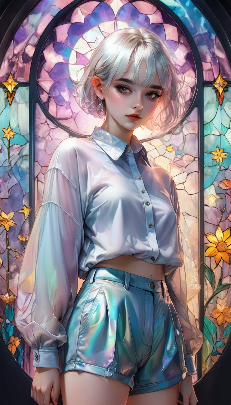 beautiful woman, white pixie cut, (big round eyes, star-shaped pupils), amorous and ???? face, cool and sadistic, looking down with a cold gaze, makeup, great proportion, wearing cute baggy loose shirt, frilly shorts, heavy engineer boots, standing with her legs together in an embarrassing pose, background pastel color palette, large pastel stained glass, shading effects, gradation magic effects, foggy filter effects, glitter effects, cute effects, lovely effects, (ultra detailed, absolutely resolution, best quality:1.3), 2.5D, delicate and dynamic, cartoon-style