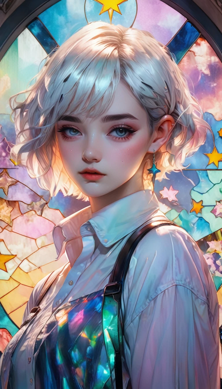 beautiful woman, white pixie cut, (big round eyes, star-shaped pupils), amorous and lewd face, cool and sadistic, looking down with a cold gaze, makeup, great proportion, wearing cute baggy loose shirt, frilly shorts, heavy engineer boots, standing with her legs together in an embarrassing pose, background pastel color palette, large pastel stained glass, shading effects, gradation magic effects, foggy filter effects, glitter effects, cute effects, lovely effects, (ultra detailed, absolutely resolution, best quality:1.3), 2.5D, delicate and dynamic, cartoon-style