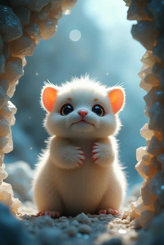 ,a picture of a of a small fat fluffy creature, whose fur is decorated with small polished crystals, which looks out curiously between two huge crystals, it holds on to the large crystals and leans forward slightly to take a close look at its surroundings, it is super cute and fluffy and looks at the viewer with big sparkling eyes, it's super cute how it looks up from the bottom, the scene takes place in a crystal cave, the walls are decorated with unpolished shiny crystals that reflect the light in the cave and everything on illuminate a harmonious and peaceful way,