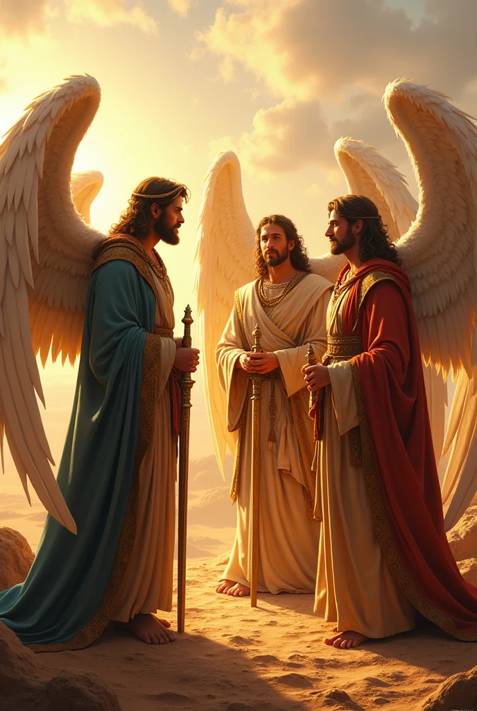 high-resolution scene depicting the biblical story of the three angels visiting Abraham in Genesis 18, featuring distinct depictions of Gabriel, Michael, and Raphael, dressed in majestic robes with ethereal wings, holding flaming swords, and delivering messages of divine significance. The setting is a tranquil, ancient landscape with a tent in the background, bathed in warm, golden light. Gabriel, Michael, and Raphael are portrayed with intricate, realistic facial features and expressions, engaged in a profound conversation with Abraham. the grandeur and reverence of the divine encounter, with rich textures, vivid colors, and lifelike details, highlighting the awe-inspiring presence of the celestial beings.