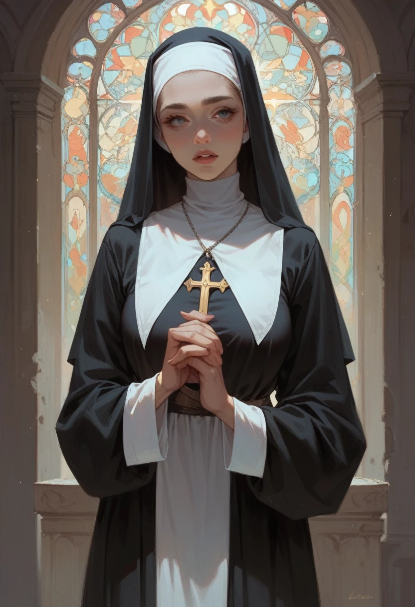 A girl wearing a revealing nun's dress with short, slightly purple-tinged white hair, purple eyes with big breasts and big ass, kneeling sucking a fat old man's penis while her vagina dripped sperm,