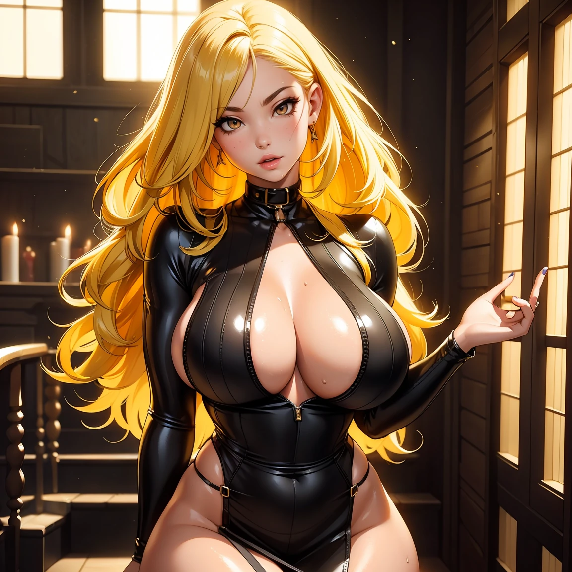 Hyper realistic, (solo), young, wearing, yellow hair, beauty mark, big breasts, big waist, thick, beauty mark, sexy lips, wearing skimsbody dress, toned. 