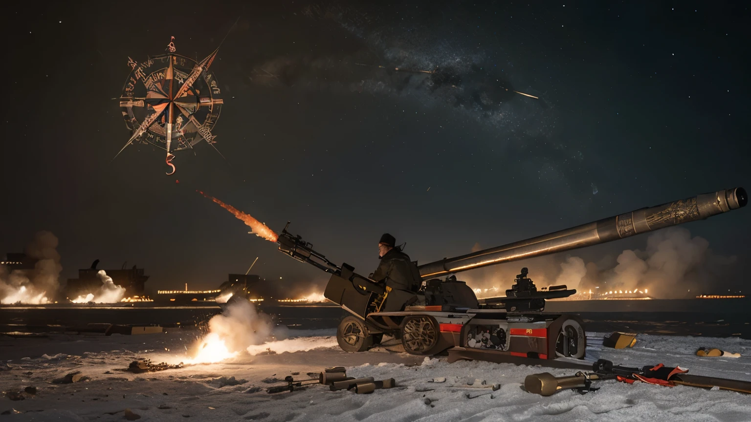A multifaceted scene that captures the global impact of Chinese inventions, featuring [elementos featuringo livros impressos] spreading across Europe, gunpowder in (((use in artillery))), and Western sailors using the (((compass to navigate))). The scenario must be dynamic, showing cultural diffusion in various regions of the world.
