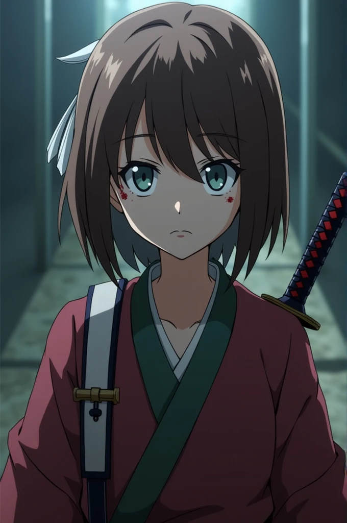 Demon Slayer Screenshot.
Chicha with short brown hair and a white lock, light blue eyes and a spot on her face and she is serious. He has clothes of a demon hunter and a black and red katana.