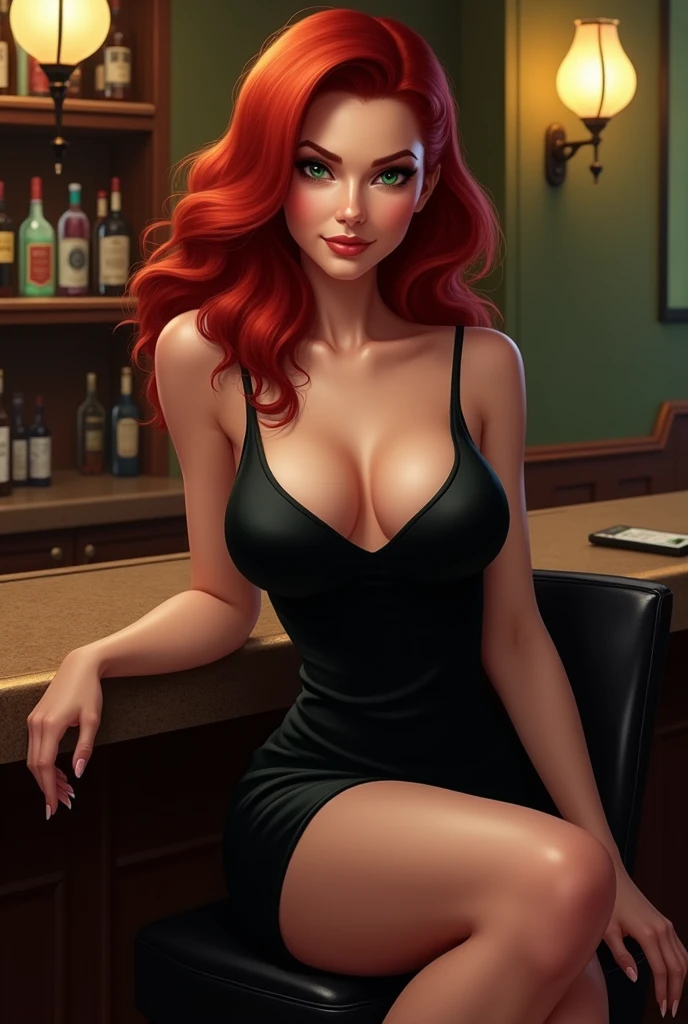 redhead, small waist , mini skirt, top with cleavage, carrying the menu, winking to the camera.