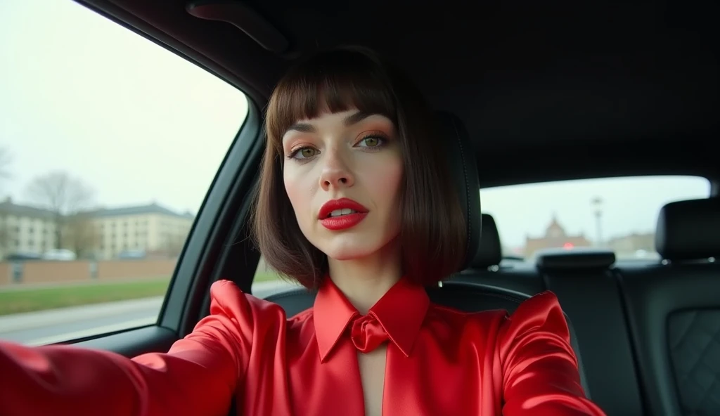 selfie photo of a androgynous lady in a car, wearing a glamorous satin blouse with red tie, city of berlin in the background