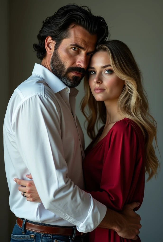 Father and daughter photos, the blue-eyed white man father, stark, with black hair and stubble, dressed in a white dress shirt and with his 19-year-old daughter, blue eyed blonde in dark red dress.