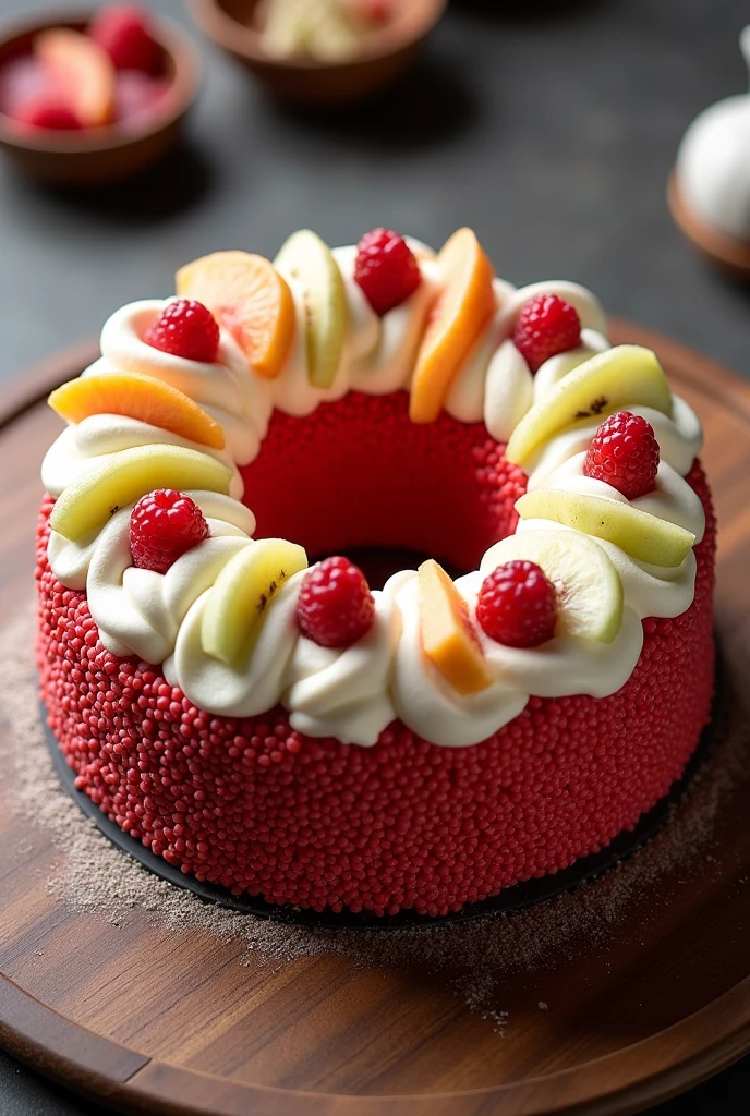 A red sesame cake with more white with fruit on top, spread with cesar with decorations so that the whole yorta can be seen with sesame but around it for a mark to go in the center