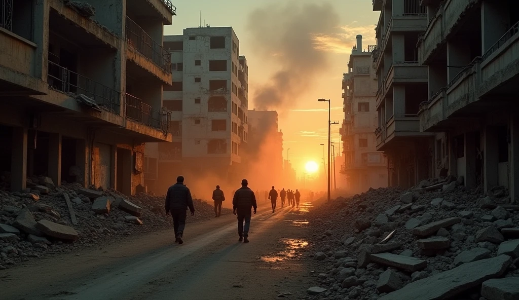 Picture of irak, buildings destroyeds, realistic, normal street of irak, photo take by phone, bad quality, hiper realistic, some people fighting, at night