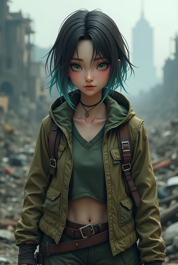 Generate a character named Naomi in a post-apocalyptic setting, she is korean, has green eyes, dark brown hair with light blue highlights, very sharp green eyes, and a youthful appearance, around 18 years. She is more outgoing, but focused on their decisions