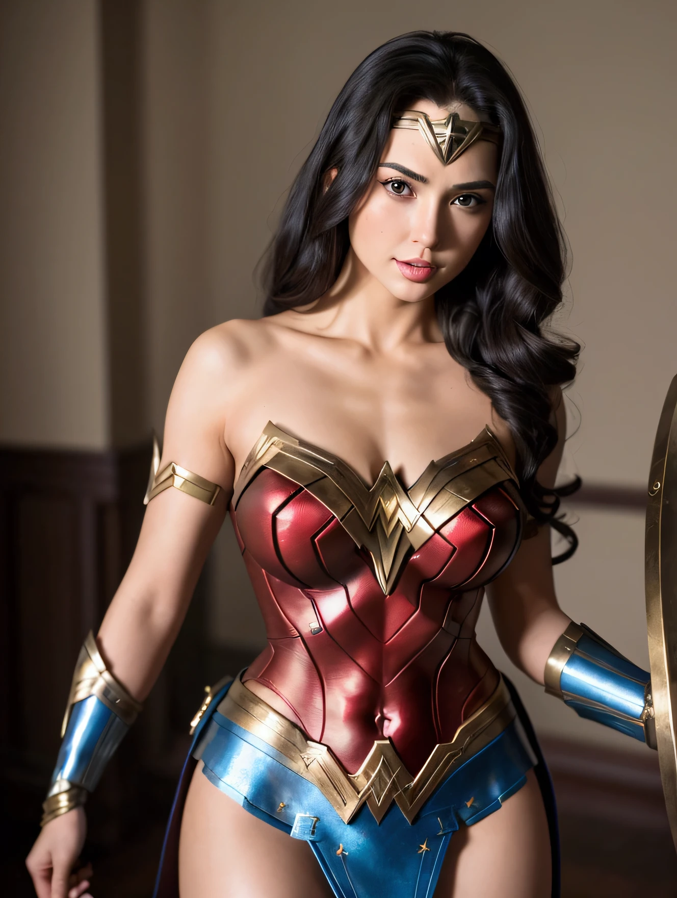 Hot and sexy looking young woman in wonder woman costume, 22 year old young woman, she has big breasts, very beautiful, she is in wonder woman costume, very sexy looking, she is in wonder woman costume sword and Shield, highly detailed, 4k quality, realistic, perfect shape of her body, full body, 