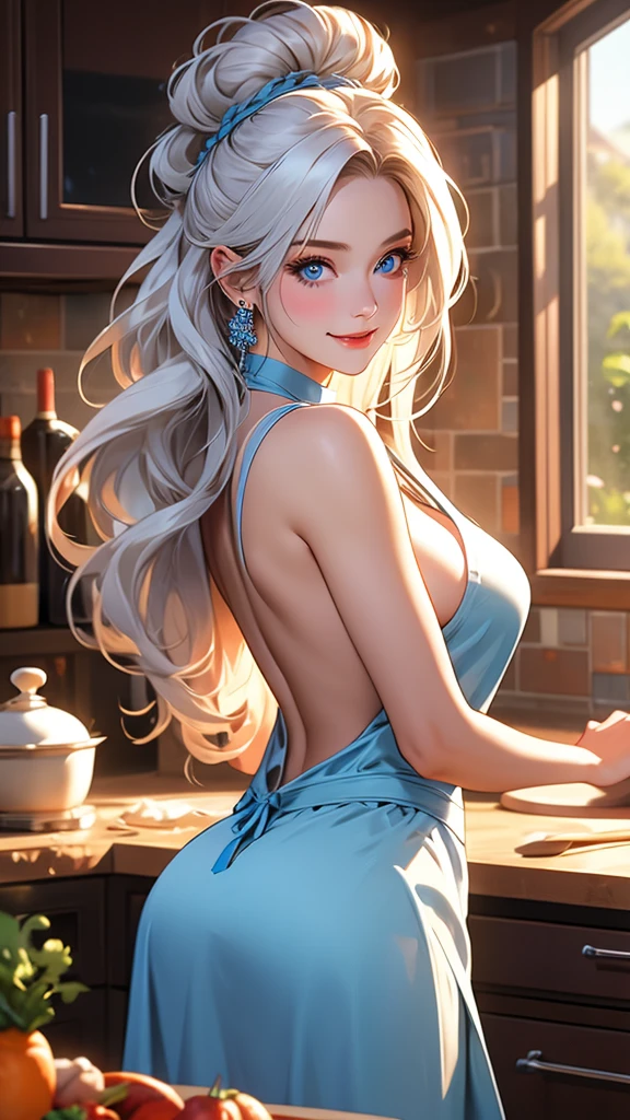 A girl with expressive blue eyes, silky white hair, wearing just an apron, looking at the viewer, posing, in love with the viewer, giving a playful flirtatious look, slight smile, ass, apron, 1girl, breasts, naked apron, kitchen, long hair, looking at viewer, jewelry, indoors, solo, looking back, earrings, food, carrot, pot, sideboob, back, counter, smile, white hair, from behind, medium breasts, detailed eyes, extremely detailed face, hyper detailed, photorealistic, high quality, 8k, ultra detailed, masterpiece, warm lighting, cinematic, dreamy, romantic, sensual