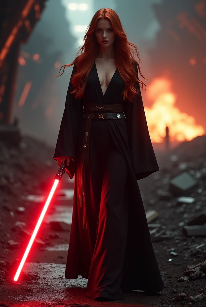 (full body shot:1) photorealistic image of a (standing pose:1) ultrarealistic, photography, long red hair, woman, 24 years old, hourglass figure, perfect body, seductive look, natural medium breasts, blur background, in complete darkness, she is wearing a sith robe, she is holding one red lightsaber, on a dark destroyed spacestation, she is walking towards the camera, explosion in the background