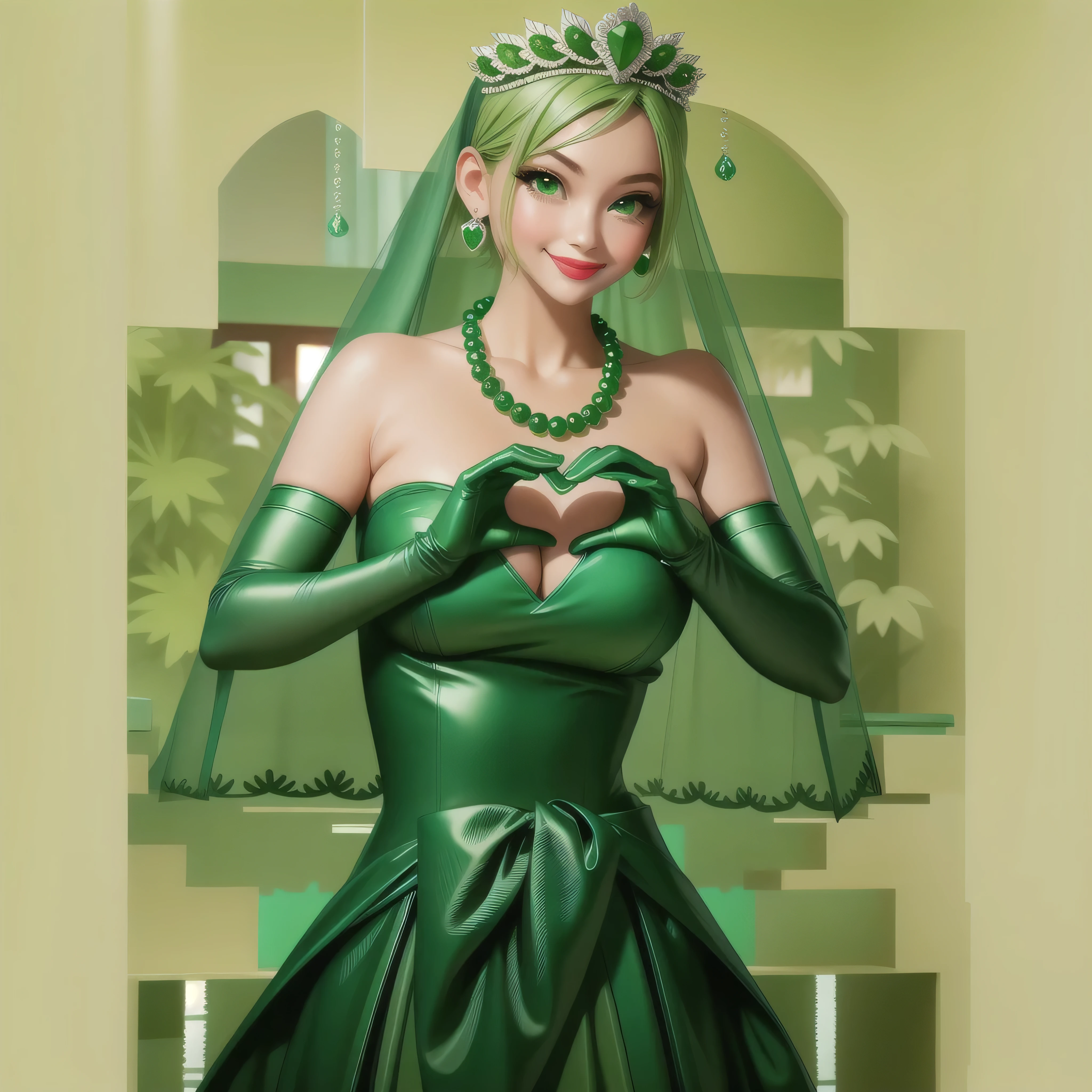 Emerald tiara, Green Pearl Necklace, Boyish very short green hair, Green Lips, Smiling Japanese woman, Very short hair, Busty beautiful lady, Green Eyes, Green satin long gloves, Green Eyes, Emerald Earrings, Green veil, Heart with both hands, Green Hair, Beautiful Japanese Women, Heart shaped hands:1.3, green lip gloss