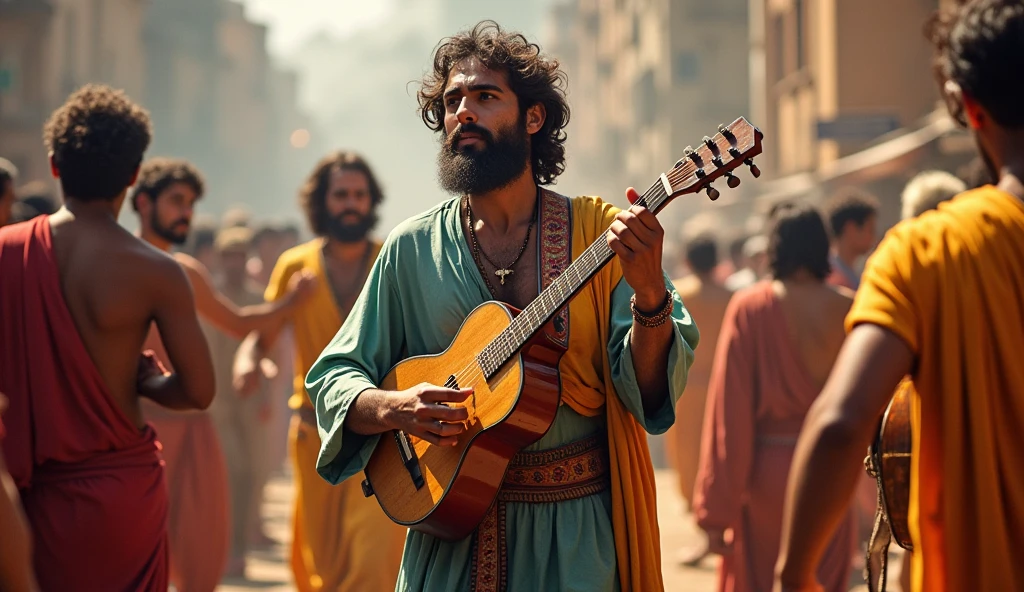 Solomon playing a musical instrument, surrounded by musicians and dancers. The scene is vibrant and full of movement, with bright colors and a festive atmosphere.