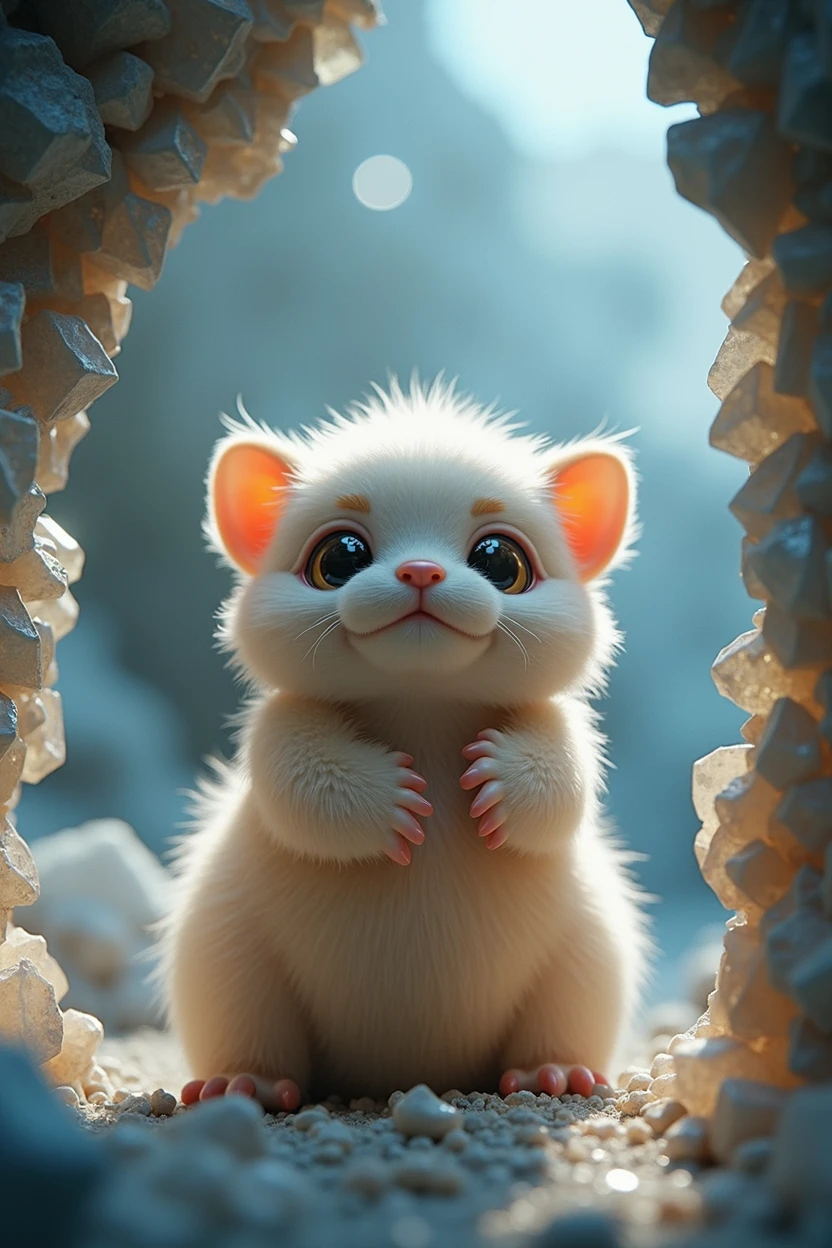 ,a picture of a of a small fat fluffy creature, whose fur is decorated with small polished crystals, which looks out curiously between two huge crystals, it holds on to the large crystals and leans forward slightly to take a close look at its surroundings, it is super cute and fluffy and looks at the viewer with big sparkling eyes, it's super cute how it looks up from the bottom, the scene takes place in a crystal cave, the walls are decorated with unpolished shiny crystals that reflect the light in the cave and everything on illuminate a harmonious and peaceful way,