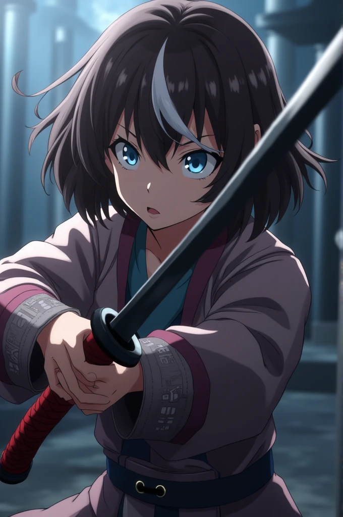 Demon Slayer Screenshot.
Chicha with short brown hair and a white lock, light blue eyes and a spot on her face and she is serious. He has clothes of a demon hunter and a black and red katana.