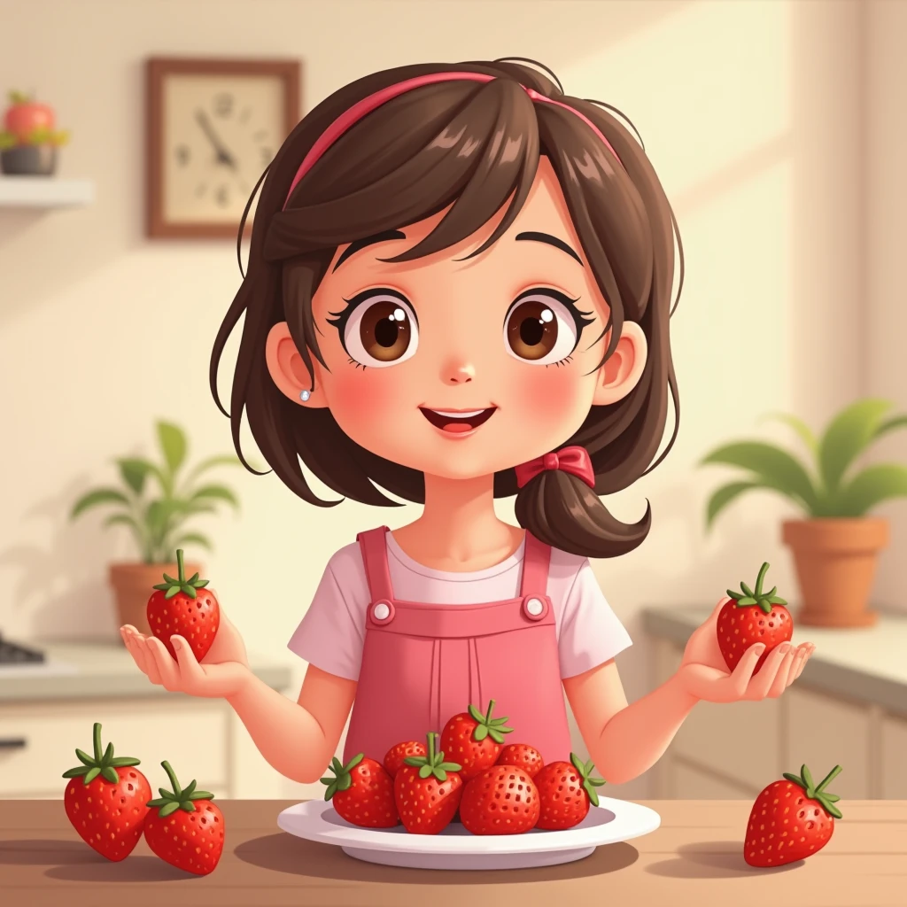 cartoon style,happy young girl 5 years old, wearing pink dress in home holding strawberrys plate