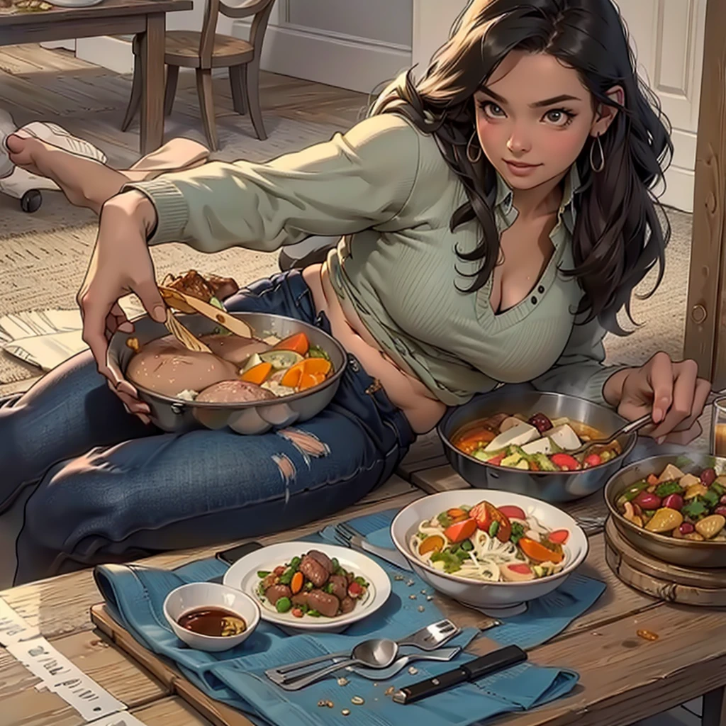 masterpiece, best quality, highres, detailed, (realistic:1.2), young woman, detailed face, beautiful face, happy expression, (streched clothing), (ripped clothing), full stomach, full belly, eating food