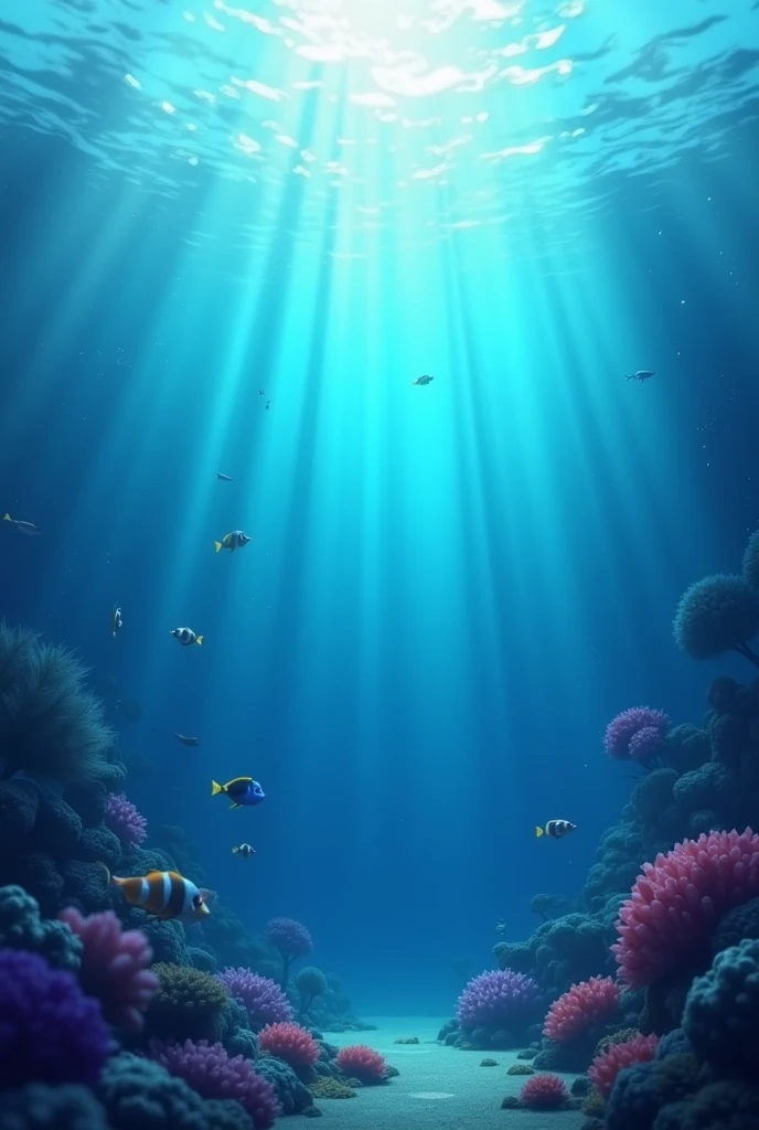 under the sea, above the sea, very clean water, animation, 3d pixar disney, half above water and the other half under the sea