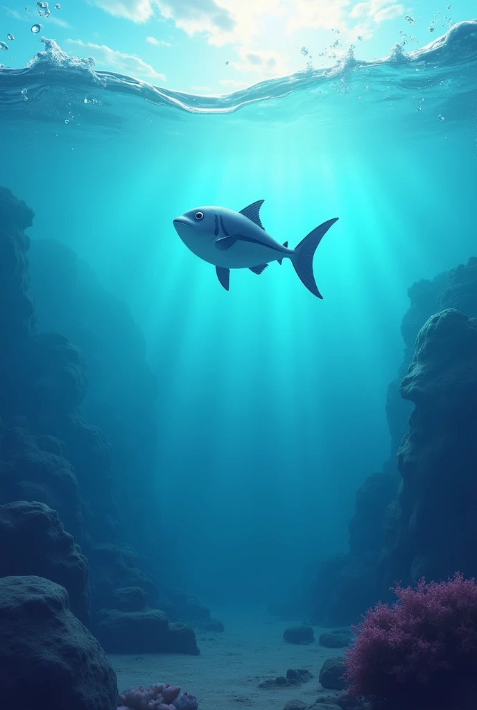 under the sea, above the sea, very clean water, animation, 3d pixar disney, half above water and the other half under the sea
