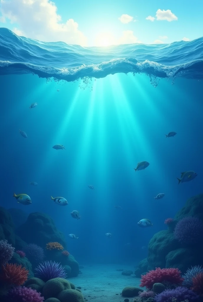 under the sea, above the sea, very clean water, animation, 3d pixar disney, half above water and the other half under the sea