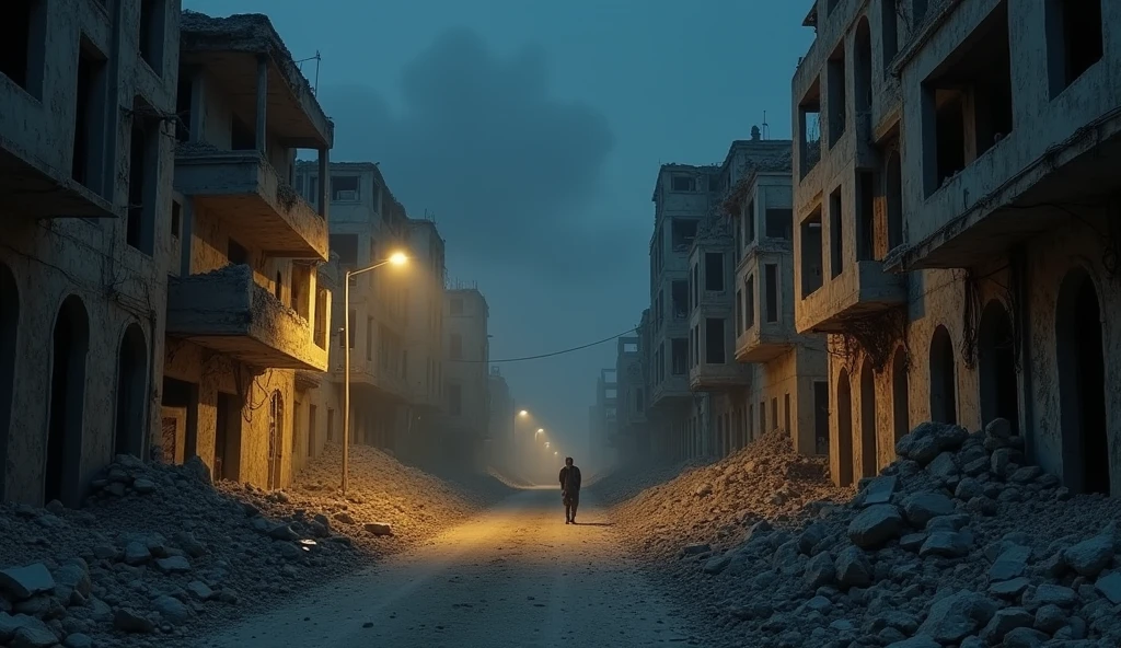 photo of iraq, destroyed buildings, realistic, typical street of iraq, photo taken with phone, bad quality, hyper realistic, night