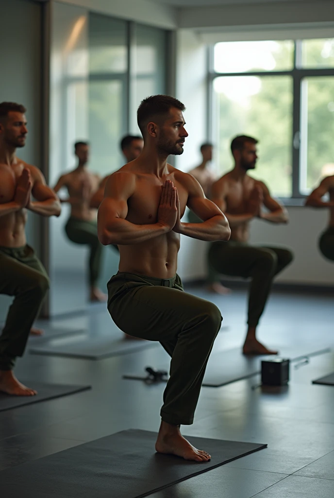Polish soldiers on fitness club doing yoga