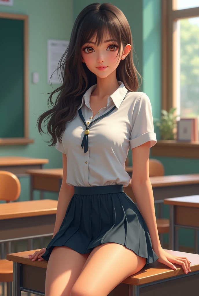 A cute brown woman in school uniform having a very short skirt sitting on a desk background is a classroom